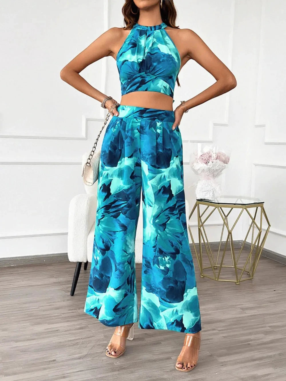 Devine Printed Halter Neck Top and Pants Set by Trendsi