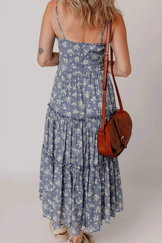 Floral Spaghetti Strap Frilled V Neck Tiered Midi Dress by Trendsi