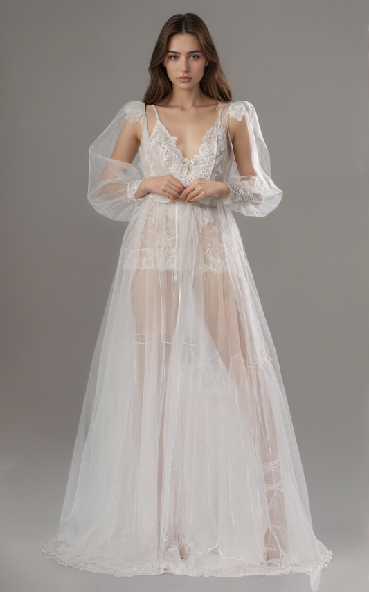 Elowen Veil Lace Puff-Sleeve Long Robe