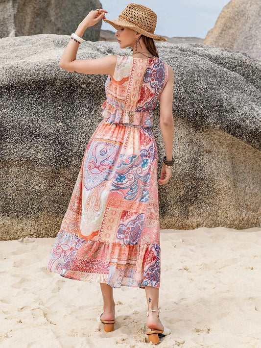 Printed V-Neck Top and Midi Skirt Set by Trendsi