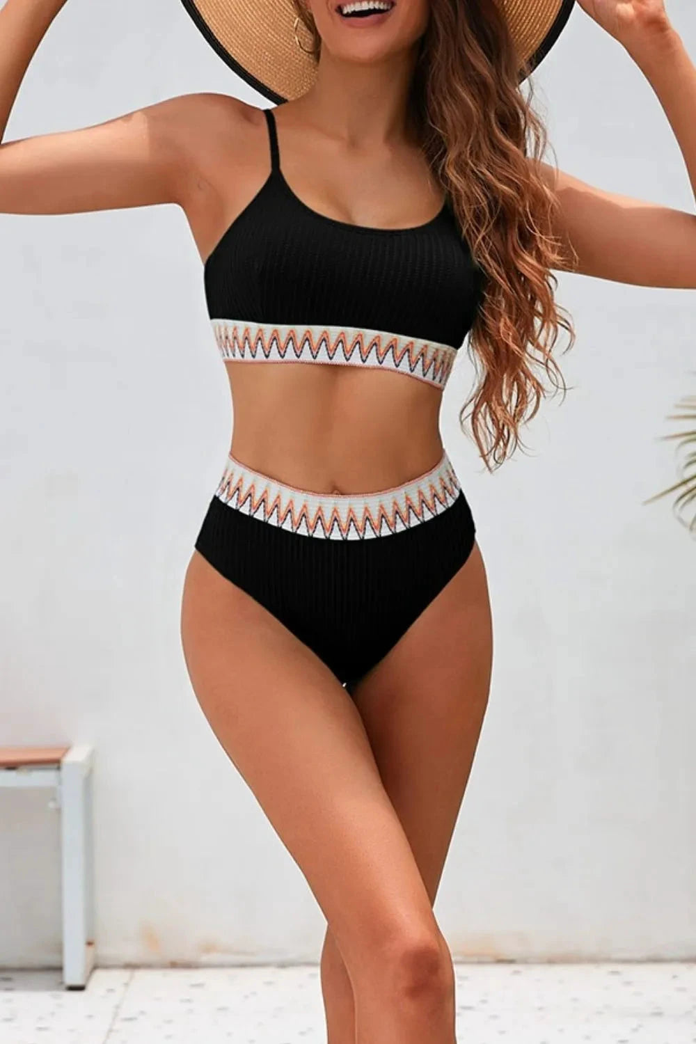 Textured Contrast Banding Bikini High Waist 2pcs Swimsuit by Trendsi