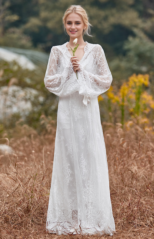 Elspeth Veil Hooded Lace Robe and Satin Slip Set