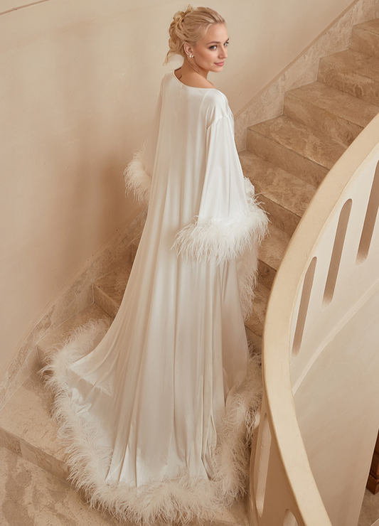 Sabine Plume Long Satin Robe with Train