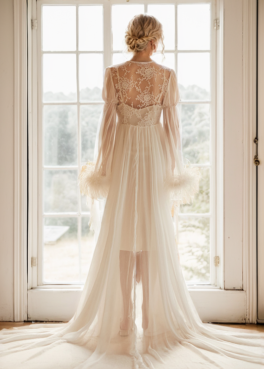 Adela Lace Feather-Trim Sheer Long Robe