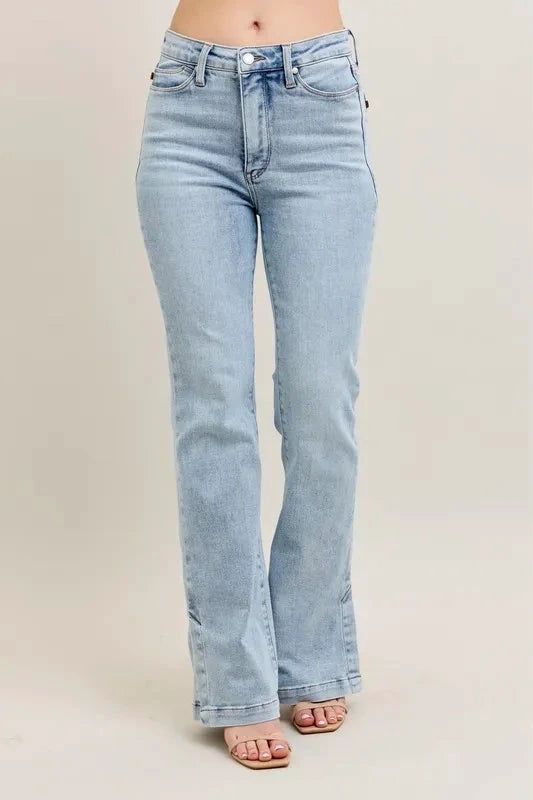 Judy Blue Full Size Tummy Control Vintage Wash Side Slit Slim Boot Jeans Plus Size by Trendsi