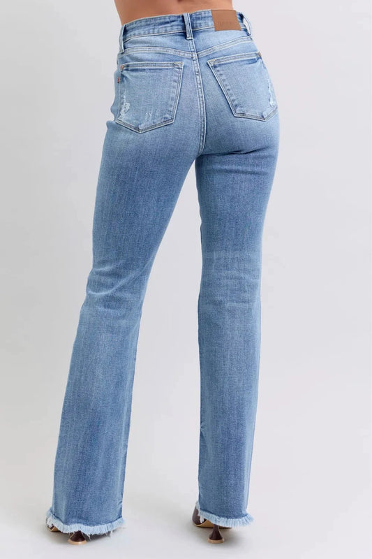 Judy Blue Full Size Raw Hem High Rise Bootcut Jeans by Trendsi