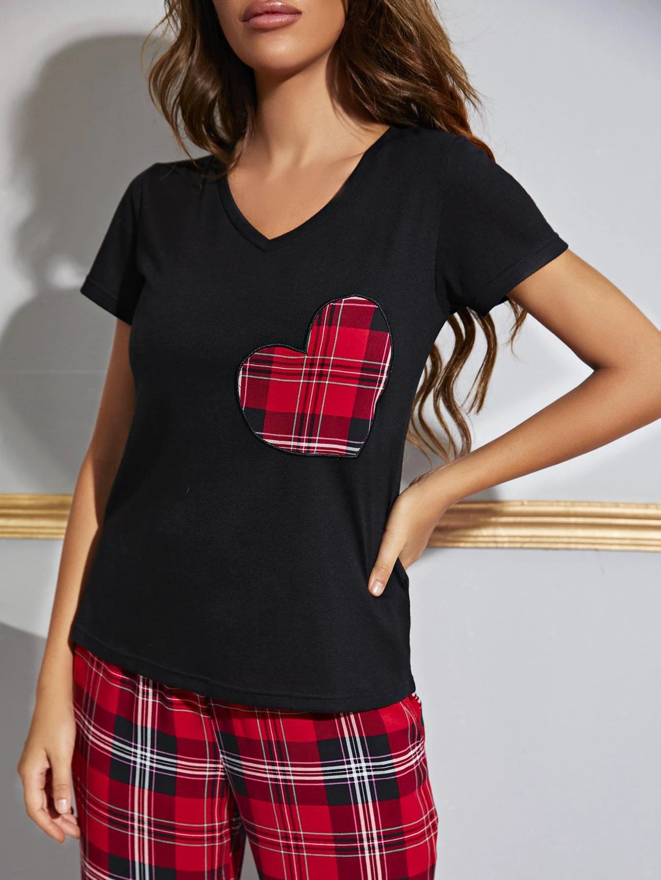 Heart Graphic V-Neck Top and Plaid Pants Lounge Set by Trendsi