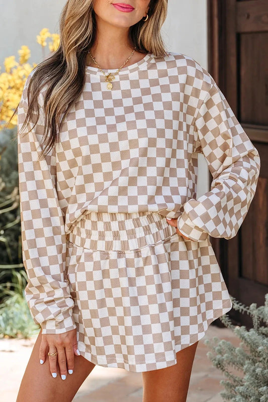 Checkered Long Sleeve Top and Skirt Two-Piece Set by Trendsi