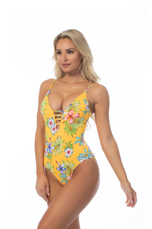 YELLOW ISLAND PRINT ONE PIECE SWIMSUIT