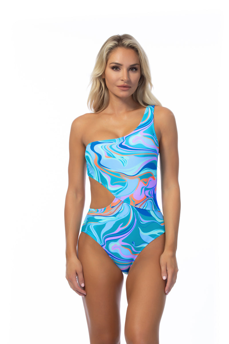 WAVE PRINTED ONE SHOULDER ONE PIECE