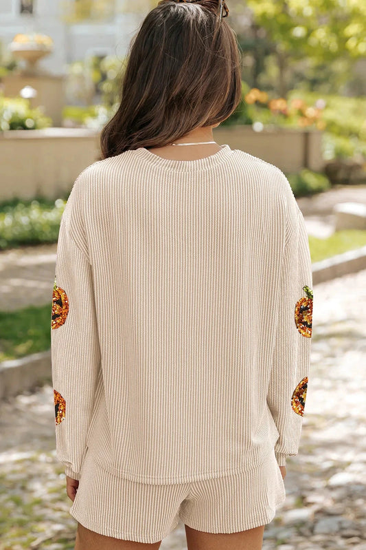 Sequin Pumpkin Round Neck Top and Shorts Set by Trendsi