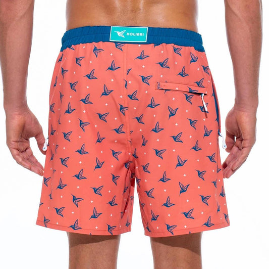 Mens Luxury Swim Trunks | Kolibri Monogram in Sunset Orange by Live Kolibri