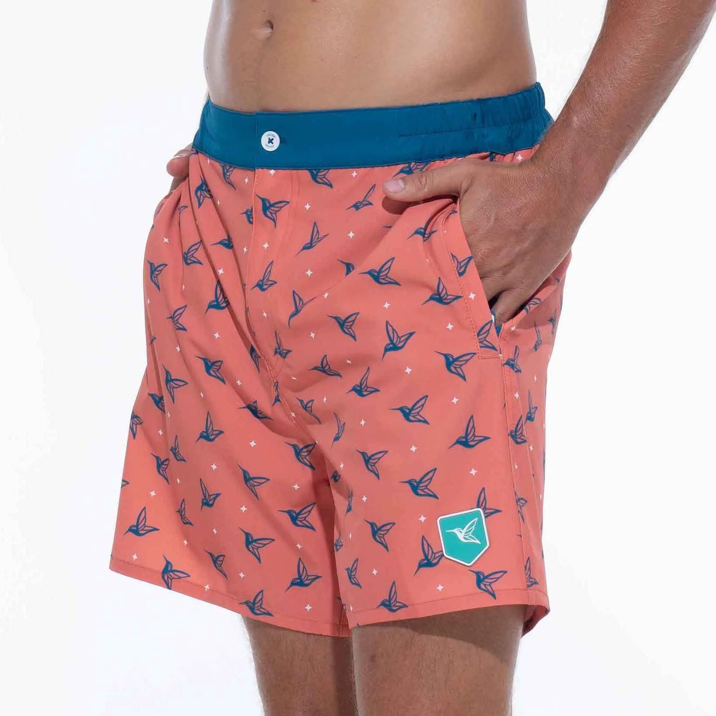 Mens Luxury Swim Trunks | Kolibri Monogram in Sunset Orange by Live Kolibri