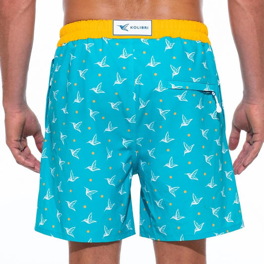 Mens Luxury Swim Trunks | Kolibri Monogram in Aquamarine by Live Kolibri