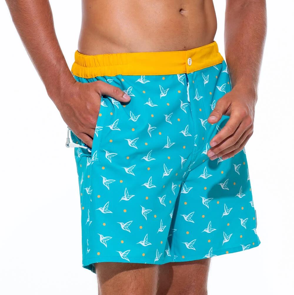Mens Luxury Swim Trunks | Kolibri Monogram in Aquamarine by Live Kolibri