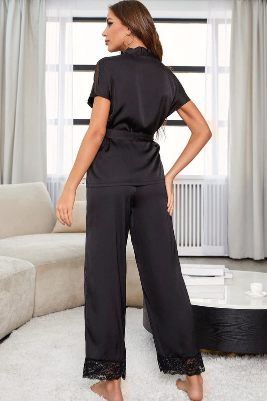 Surplice Neck Tie Waist Top and Pants Pajama Set by Trendsi