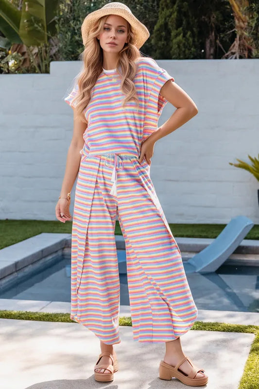 Striped Round Neck Short Sleeve Top and Pants Set by Trendsi