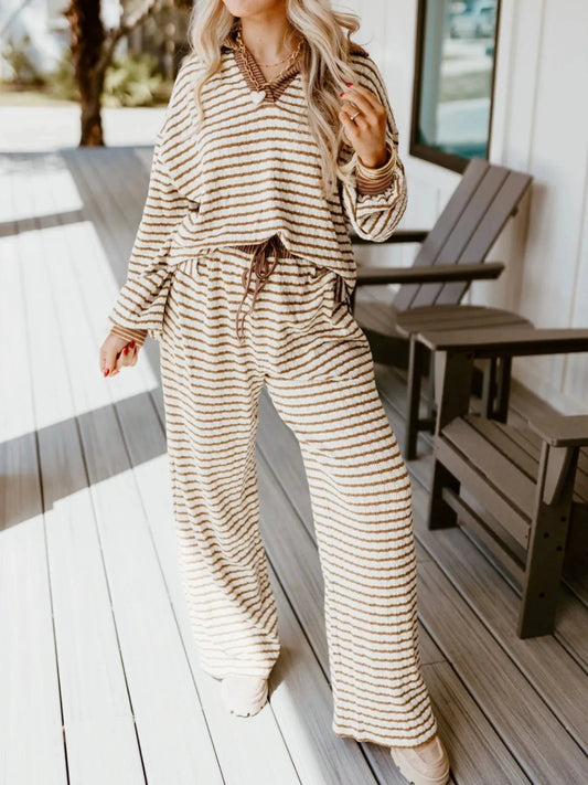 Stripe Collared Top and Drawstring Pant Set by Trendsi