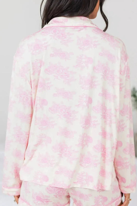 Printed Button Up Long Sleeve Top and Pants Lounge Set by Trendsi
