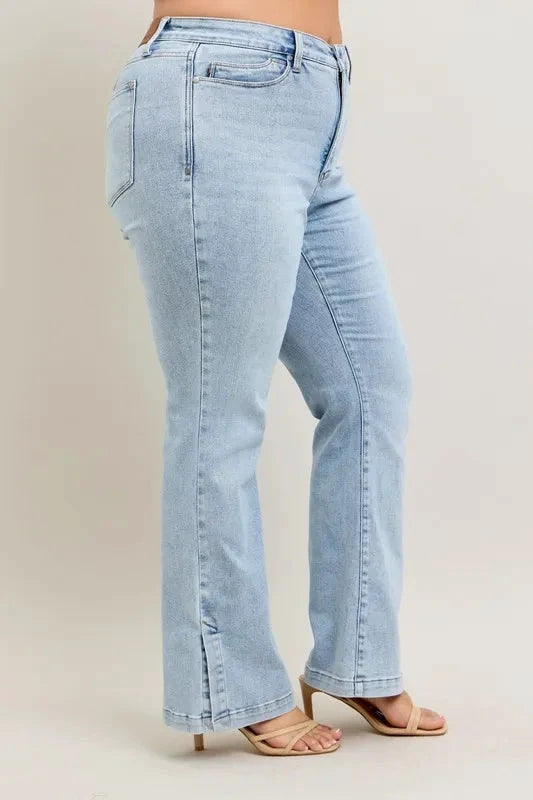 Judy Blue Full Size Tummy Control Vintage Wash Side Slit Slim Boot Jeans Plus Size by Trendsi