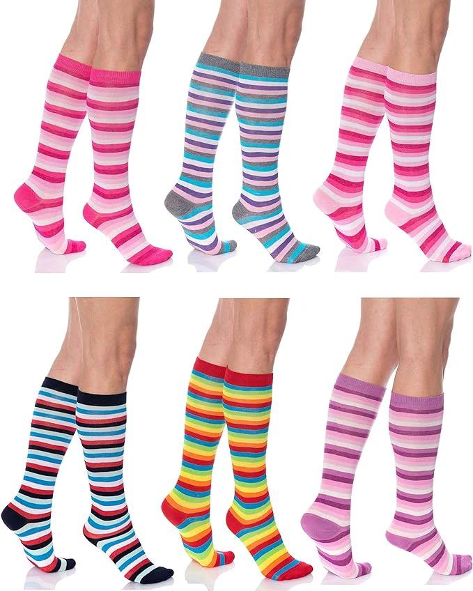 6 Pairs Women's Colorful Knee High Socks – Soft & Durable Combed Cotton (Size 9-11) by AWS/American Made