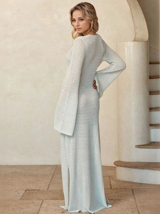 Bohemian Slit Plunge Flare Sleeve Sheer Cover-Up Dress - Lightweight Polyester for Summer Outings by Trendsi