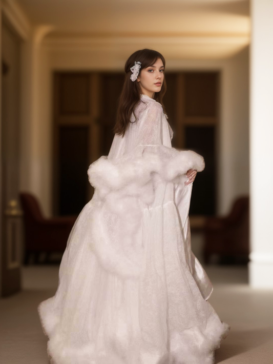 Seraphina Flourish Feather-Trim Robe and Nightgown Set