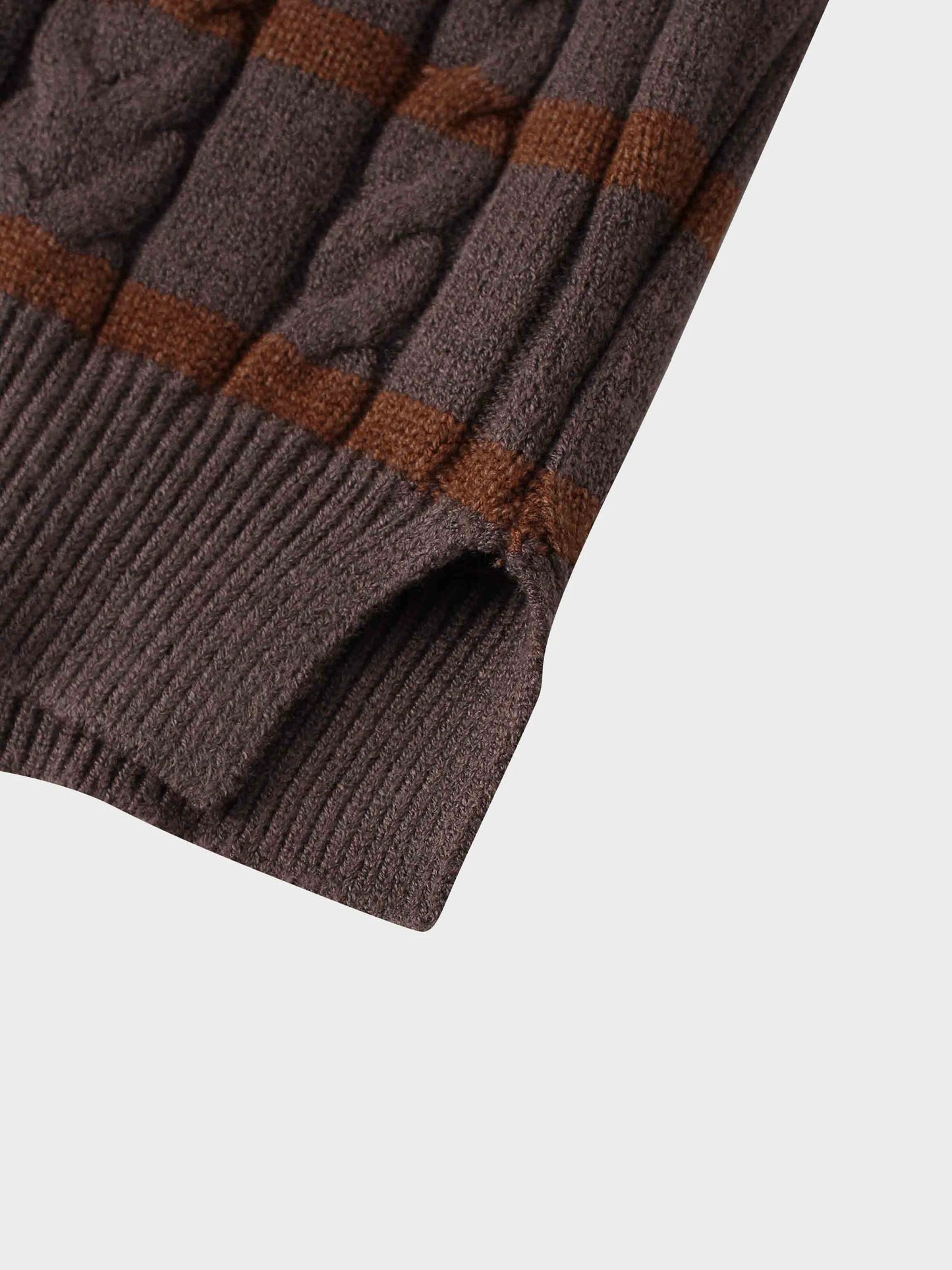 Shawl Snap Collar Striped Cable Sweater-Grey/Brown by MELI