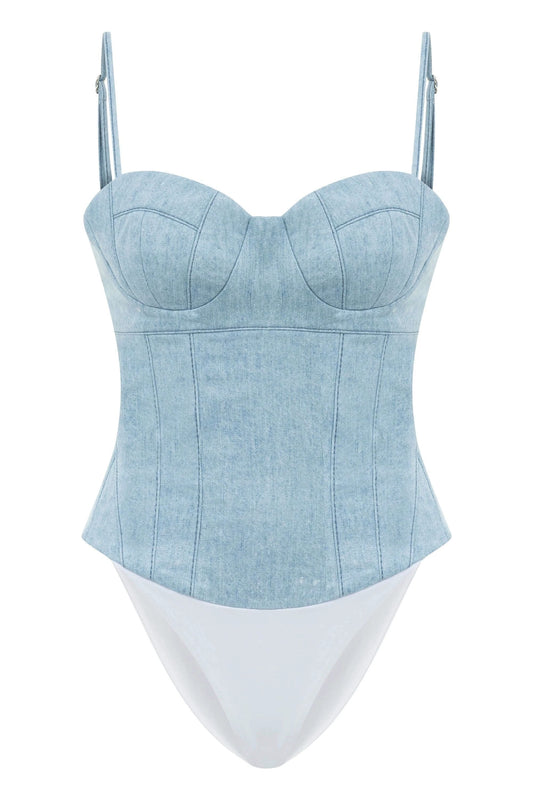 JENDUE Marvel Bodysuit Denim Top -Light Wash & Bustier Style by Jendue