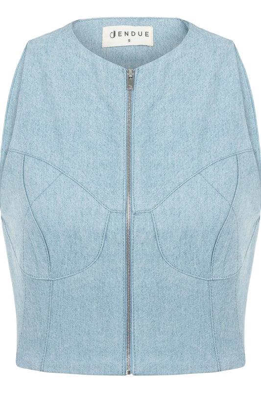 JENDUE Marvel Denim Top - Light Blue Zip-Up Bustier by Jendue