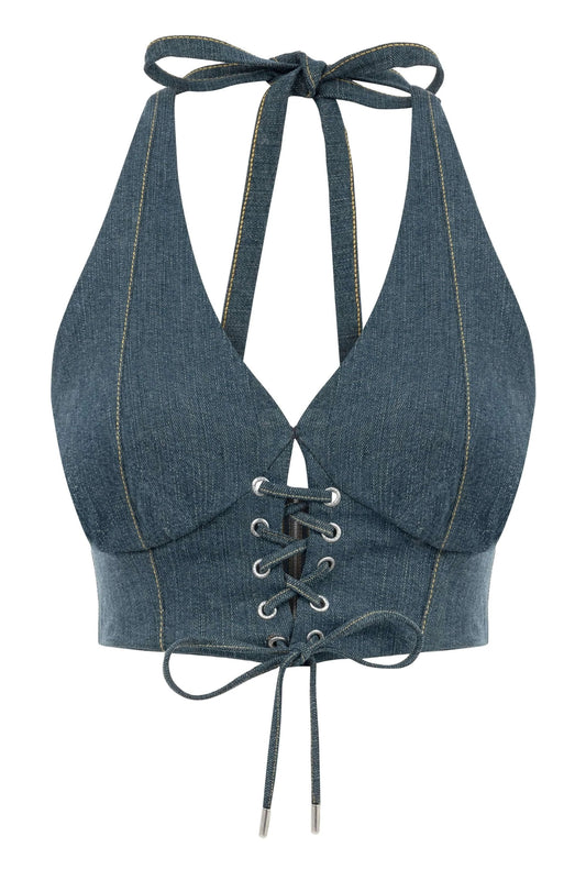 JENDUE Monte Denim Crop Top - Halter Neck & Lace-Up Detail by Jendue