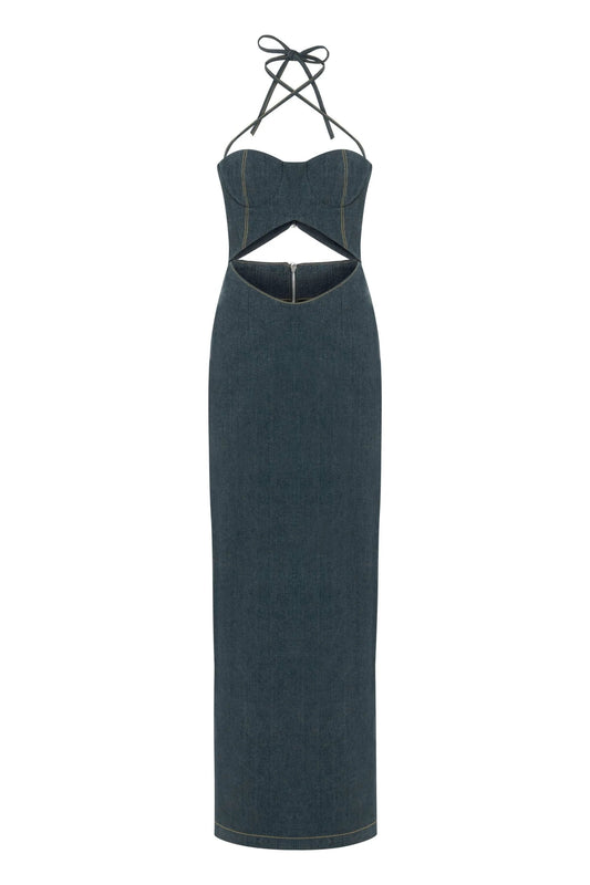 JENDUE Monte Maxi Denim Dress - Halter Cutout Gown by Jendue
