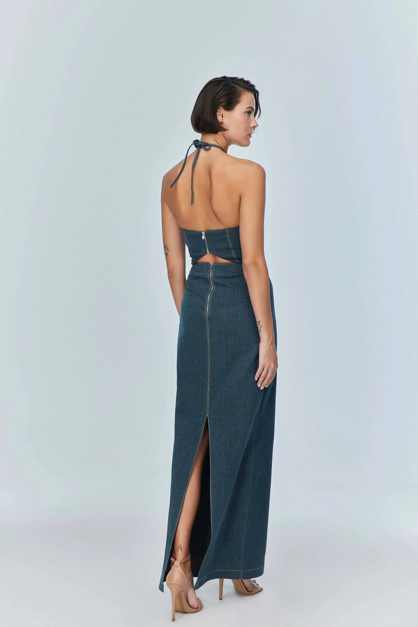 JENDUE Monte Maxi Denim Dress - Halter Cutout Gown by Jendue