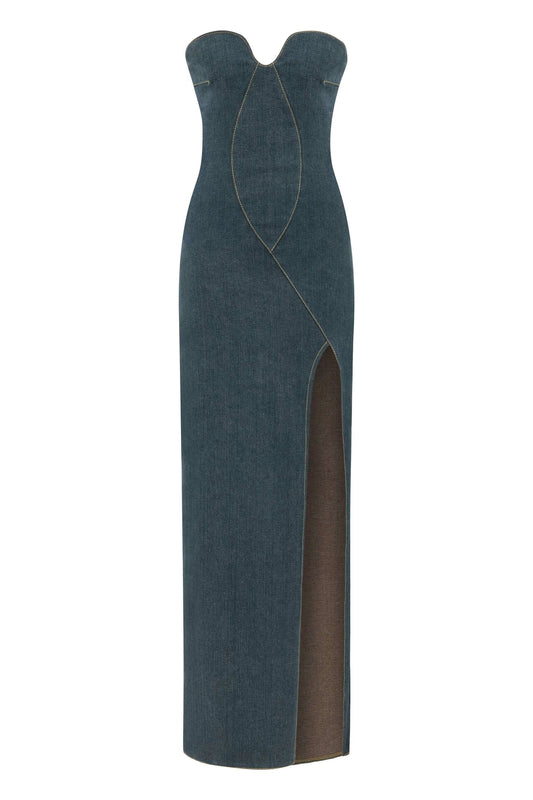 JENDUE Monte Strapless Denim Midi Dress - High Slit Style by Jendue