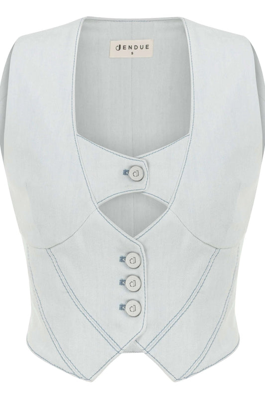 JENDUE Myla Denim Top - Light Blue Cut-Out Vest by Jendue