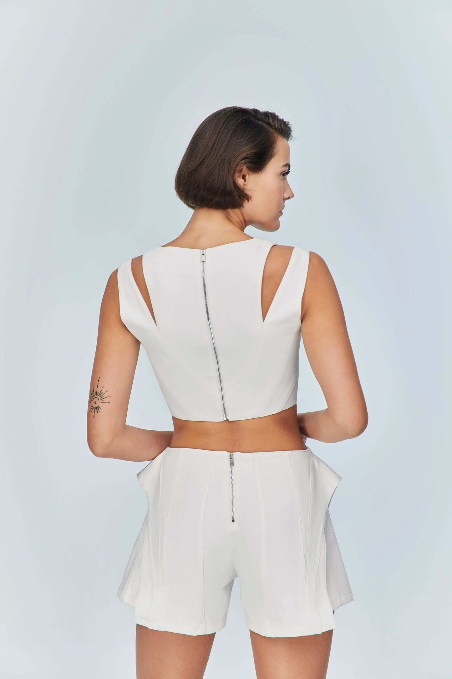 JENDUE Ron 3D Denim Crop Top - White, Sculptural, Back Zip by Jendue