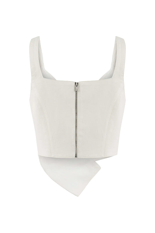JENDUE Ron Crop Denim Top - Stylish White Asymmetrical Top by Jendue