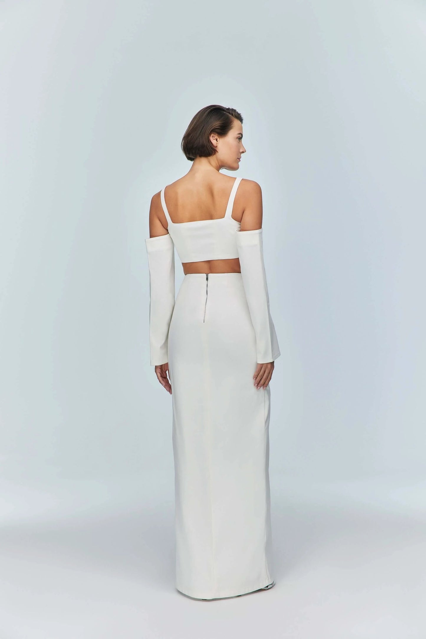 JENDUE Ron Long Sleeve Denim Top - White Off-Shoulder by Jendue
