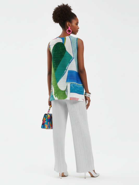 Pleated Printed Sleeveless Top, Coney Island | Women - BYMANYC ® New York-1