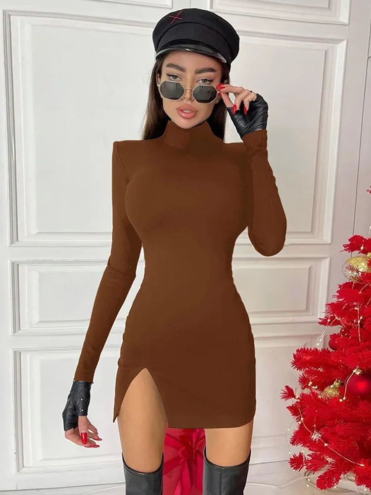 Women Spring Autumn Long Sleeve Bodycon Soild Color Black Slim Package Hip Mini Dress Female Clothing Streetwear