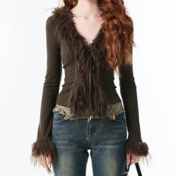 Y2k Aesthetic V-neck Jacket Women Korean Sexy Fashion Cardigan Harajuku Vintage Bandage Fur Patchwork Coat 2024 Spring Chic