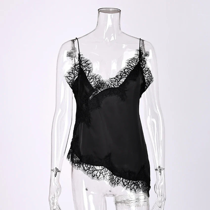 Linad Sexy Black Backless Lace Camisole Women Street Chic Spaghetti Strap Tops Female Casual Patchwork Silk Vest Female 2025