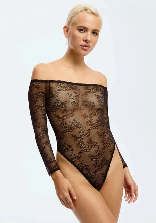 Sheer Lace Off-the-Shoulder Bodysuit Blush Cascade Black by Blush Lingerie