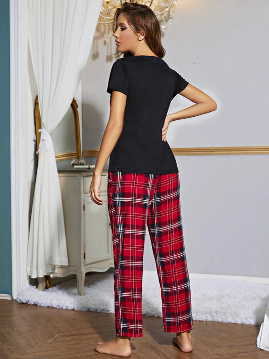 Heart Graphic V-Neck Top and Plaid Pants Lounge Set by Trendsi