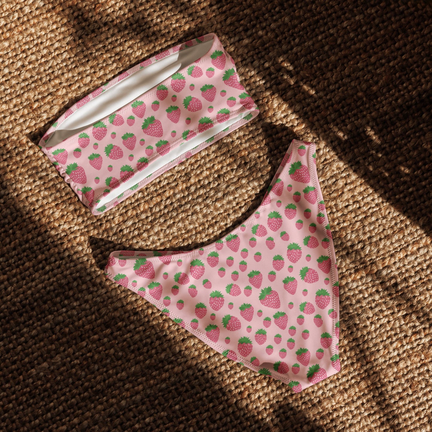 Pink Strawberry Print Recycled Bandeau Bikini Set