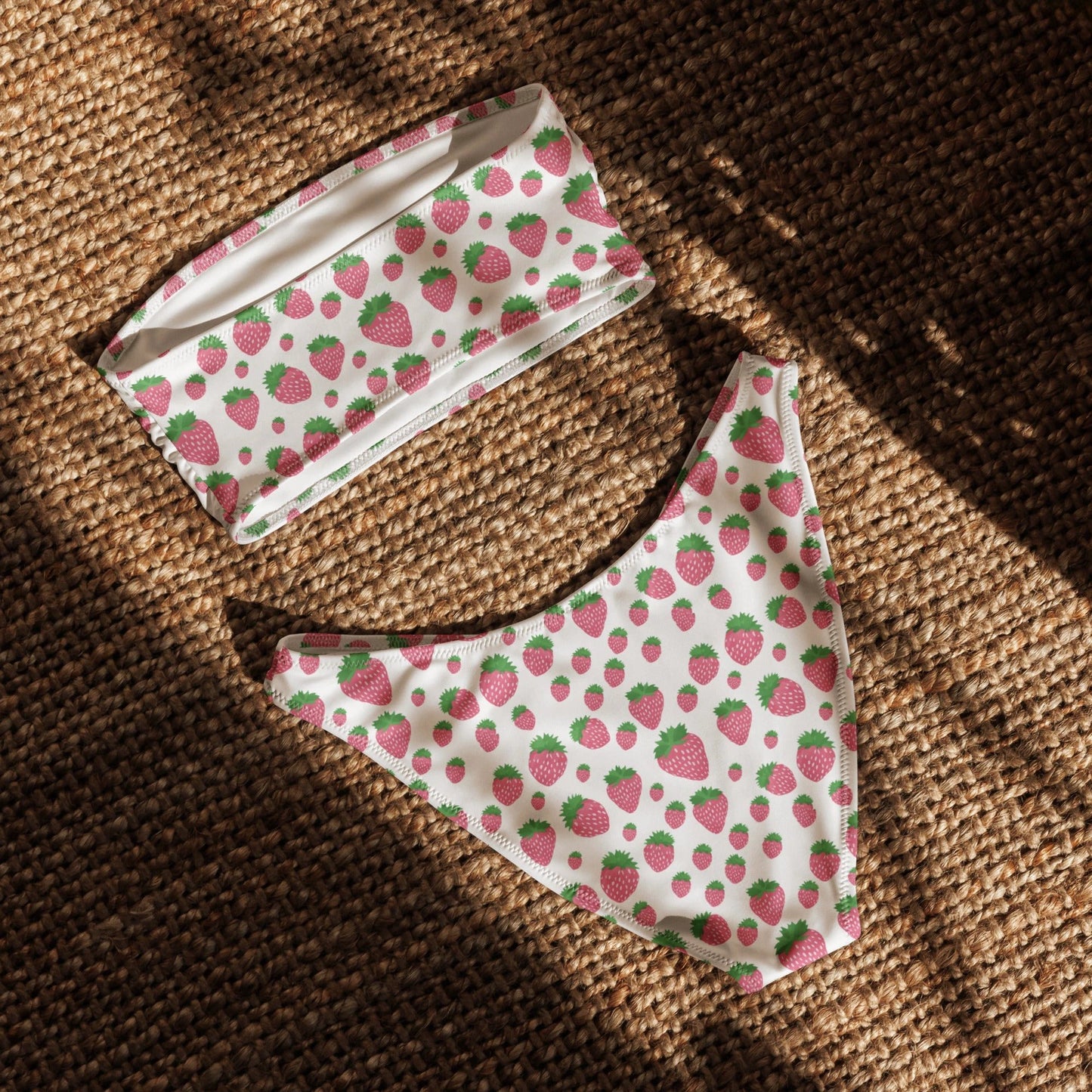 White Strawberry Print Recycled Bandeau Bikini Set by Coral Cove by Lakeshore Lifestyles