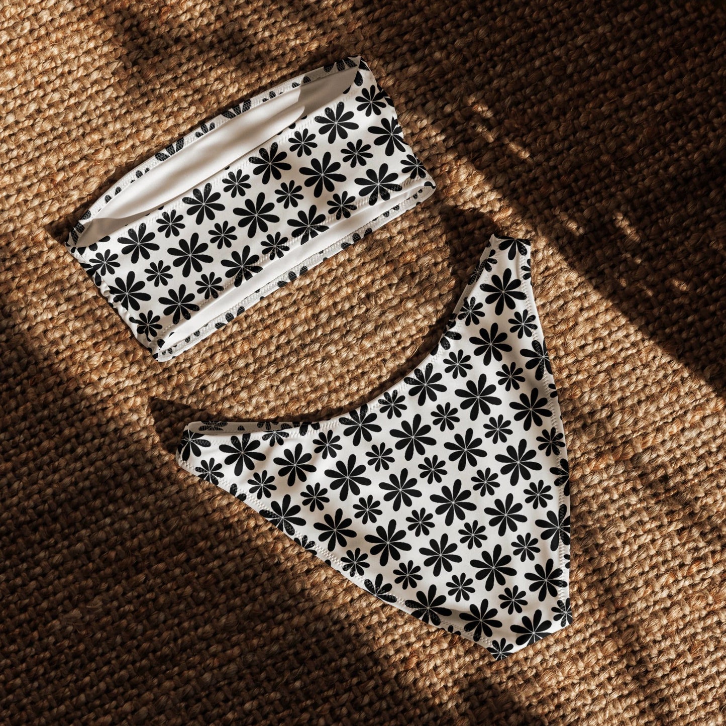 Black Flower Print Recycled Bandeau Bikini Set by Coral Cove by Lakeshore Lifestyles