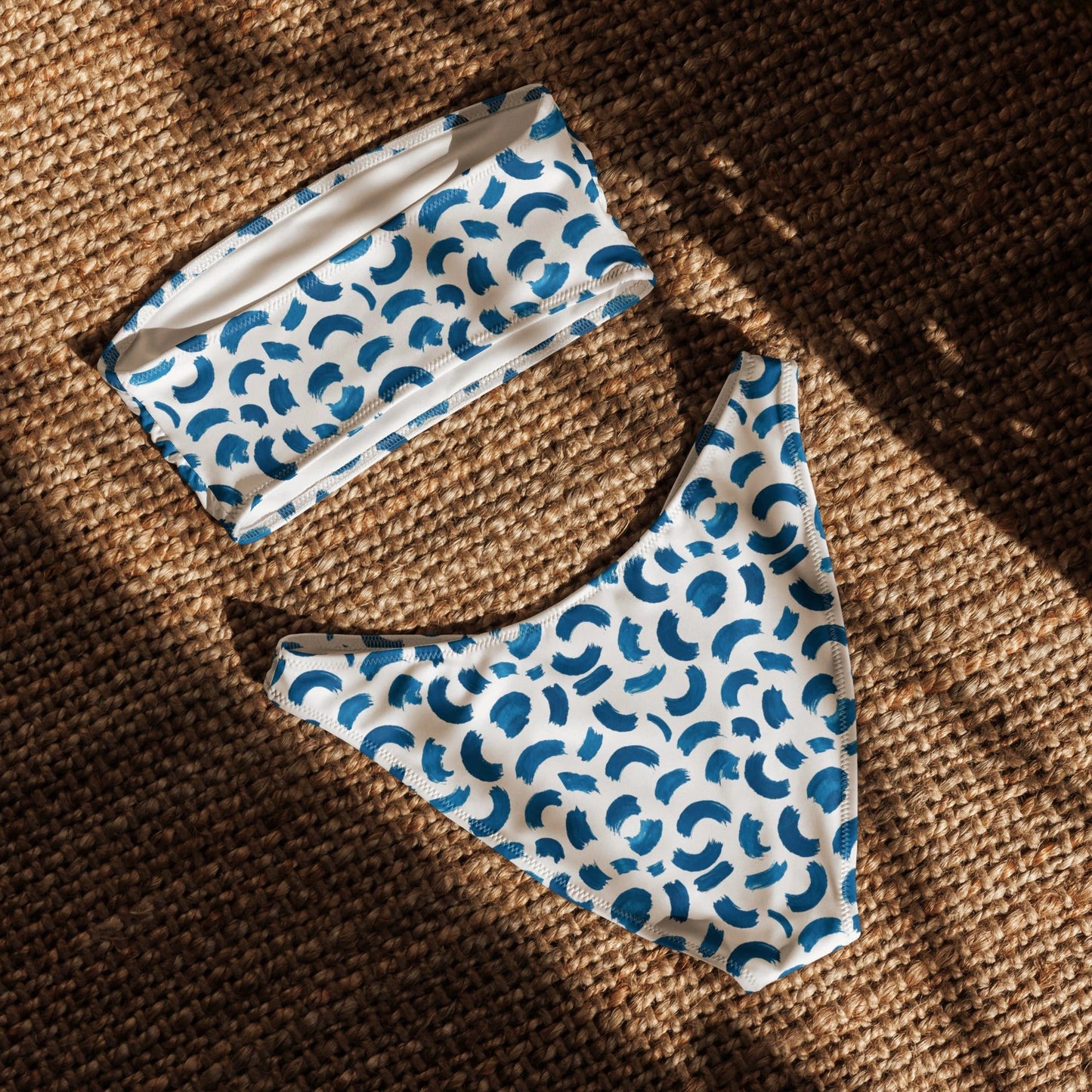 Abstract Blue Arcs Print Recycled Bandeau Bikini Set by Coral Cove by Lakeshore Lifestyles