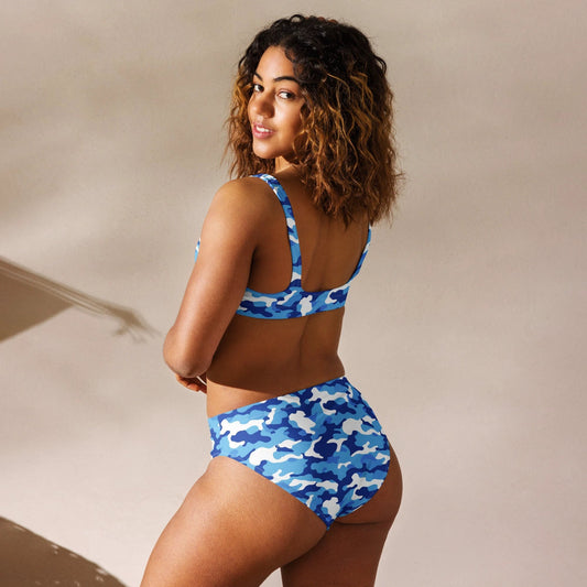 Blue Camo Print Recycled High-Waisted Bikini Set by Coral Cove by Lakeshore Lifestyles