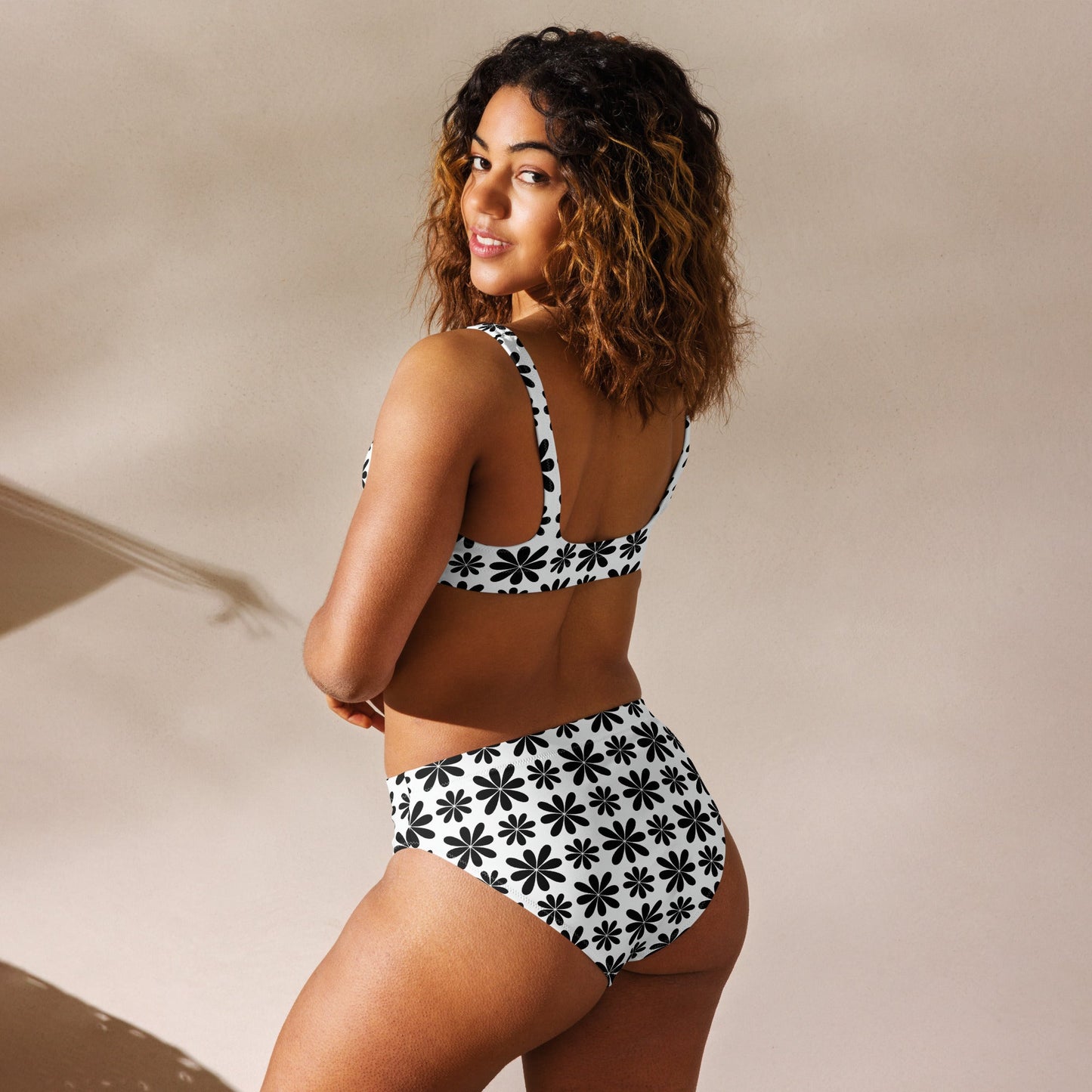 Black Flower Print Recycled High-Waisted Bikini Set
